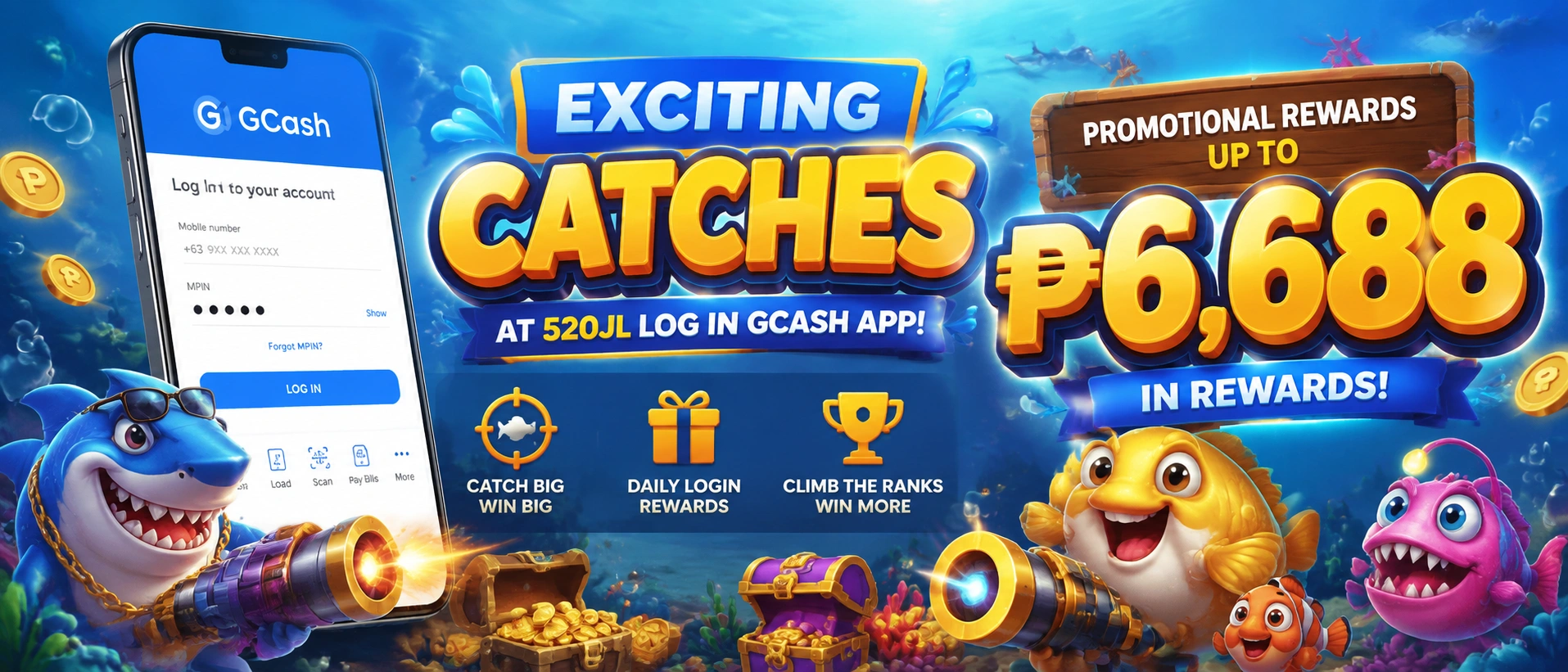 520JL fishing games visual showing a mobile-first fishing room layout